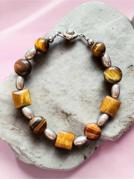 None Jewelry - Tiger’s Eye Silver Beaded Bracelet | Ball Hitch Closure | 6.25 IN